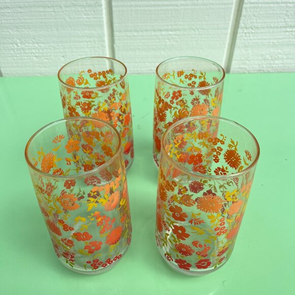 Vintage Orange & Yellow Floral Gradient Glasses – Set of 4 - Picture 5 of 7